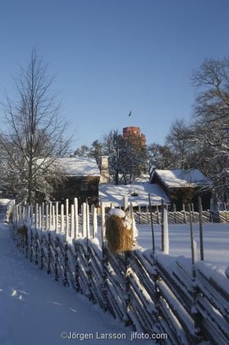 Skansen Stockholm Museum hus gårdar gärdesgårdar vinter
