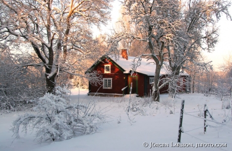 Röd stuga vinter Näslandet Södermanland